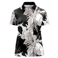 Black White Monotone Tropical Flowers Pattern Women Polo Shirt - Polynesian Pride