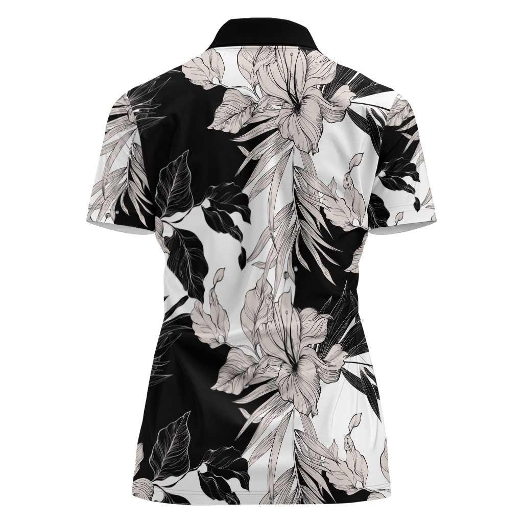 Black White Monotone Tropical Flowers Pattern Women Polo Shirt - Polynesian Pride