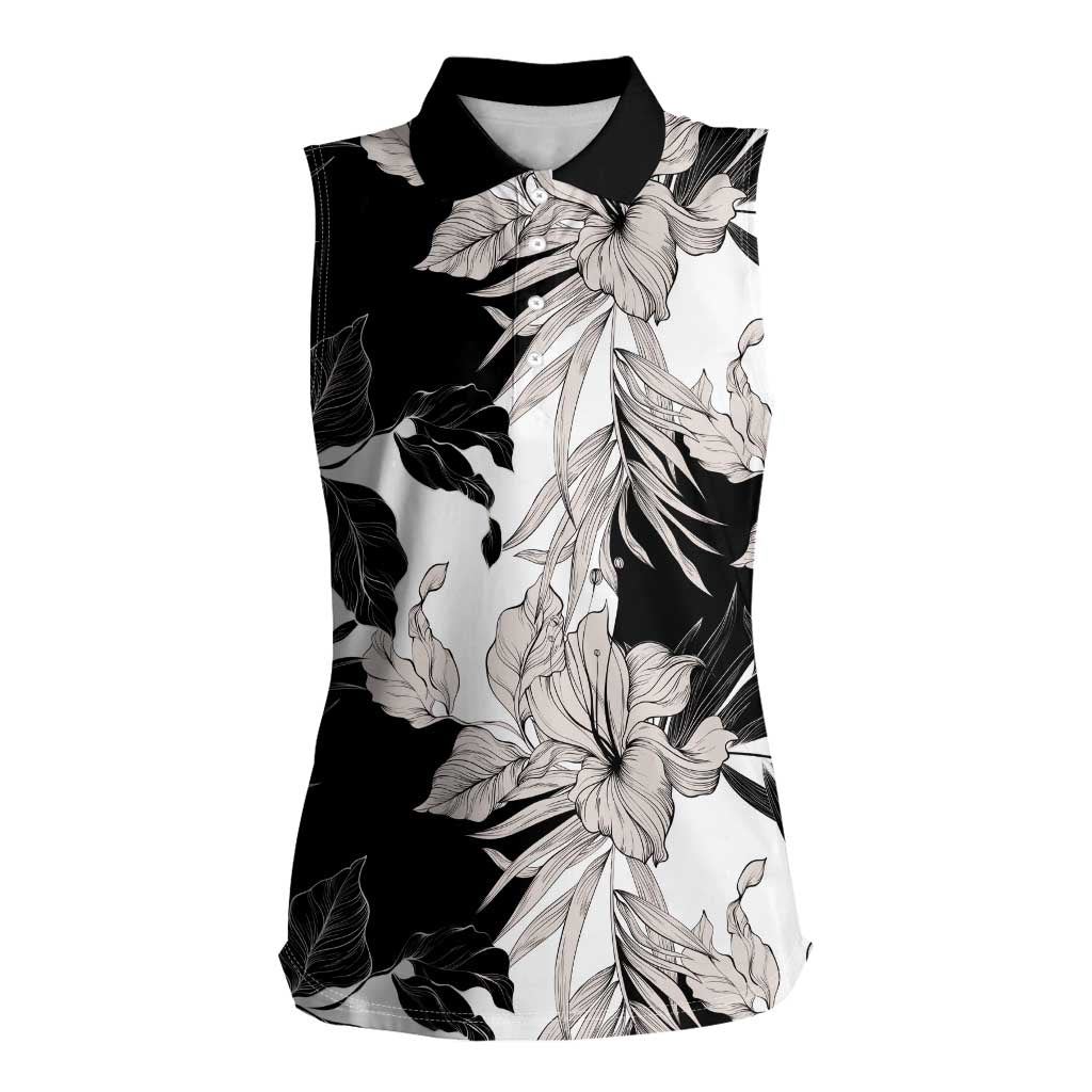 Black White Monotone Tropical Flowers Pattern Women Sleeveless Polo Shirt - Polynesian Pride