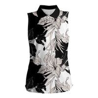 Black White Monotone Tropical Flowers Pattern Women Sleeveless Polo Shirt - Polynesian Pride