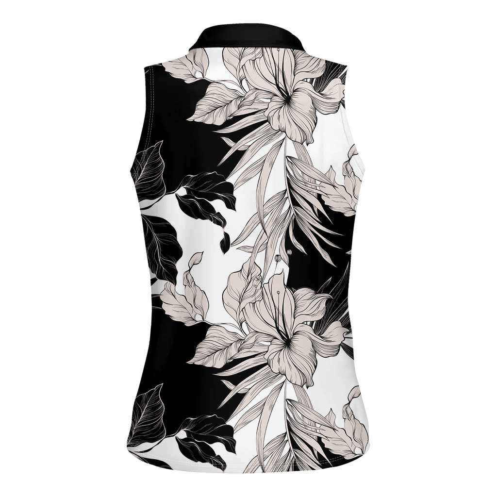 Black White Monotone Tropical Flowers Pattern Women Sleeveless Polo Shirt - Polynesian Pride