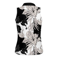 Black White Monotone Tropical Flowers Pattern Women Sleeveless Polo Shirt - Polynesian Pride