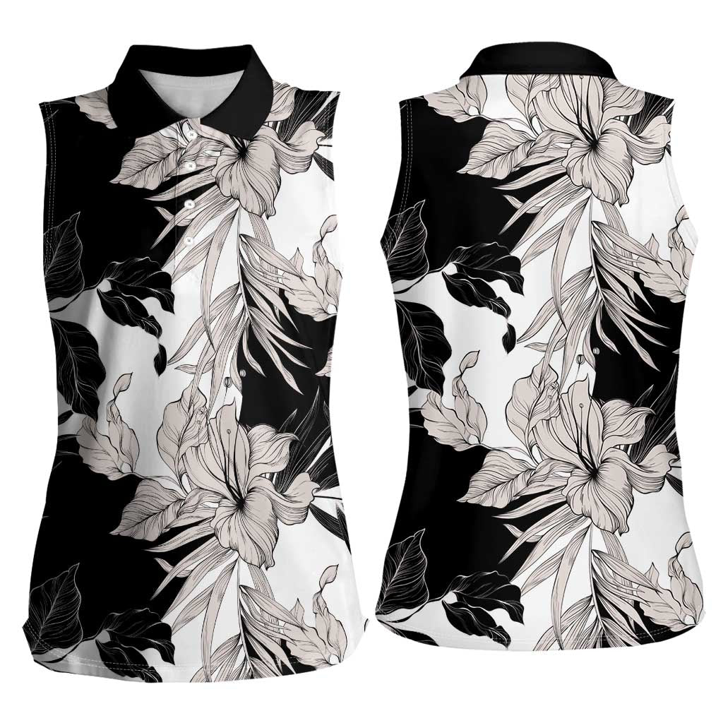 Black White Monotone Tropical Flowers Pattern Women Sleeveless Polo Shirt - Polynesian Pride