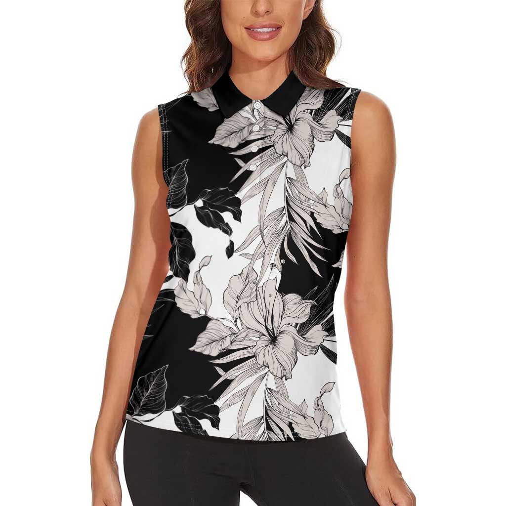 Black White Monotone Tropical Flowers Pattern Women Sleeveless Polo Shirt - Polynesian Pride