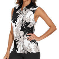 Black White Monotone Tropical Flowers Pattern Women Sleeveless Polo Shirt - Polynesian Pride