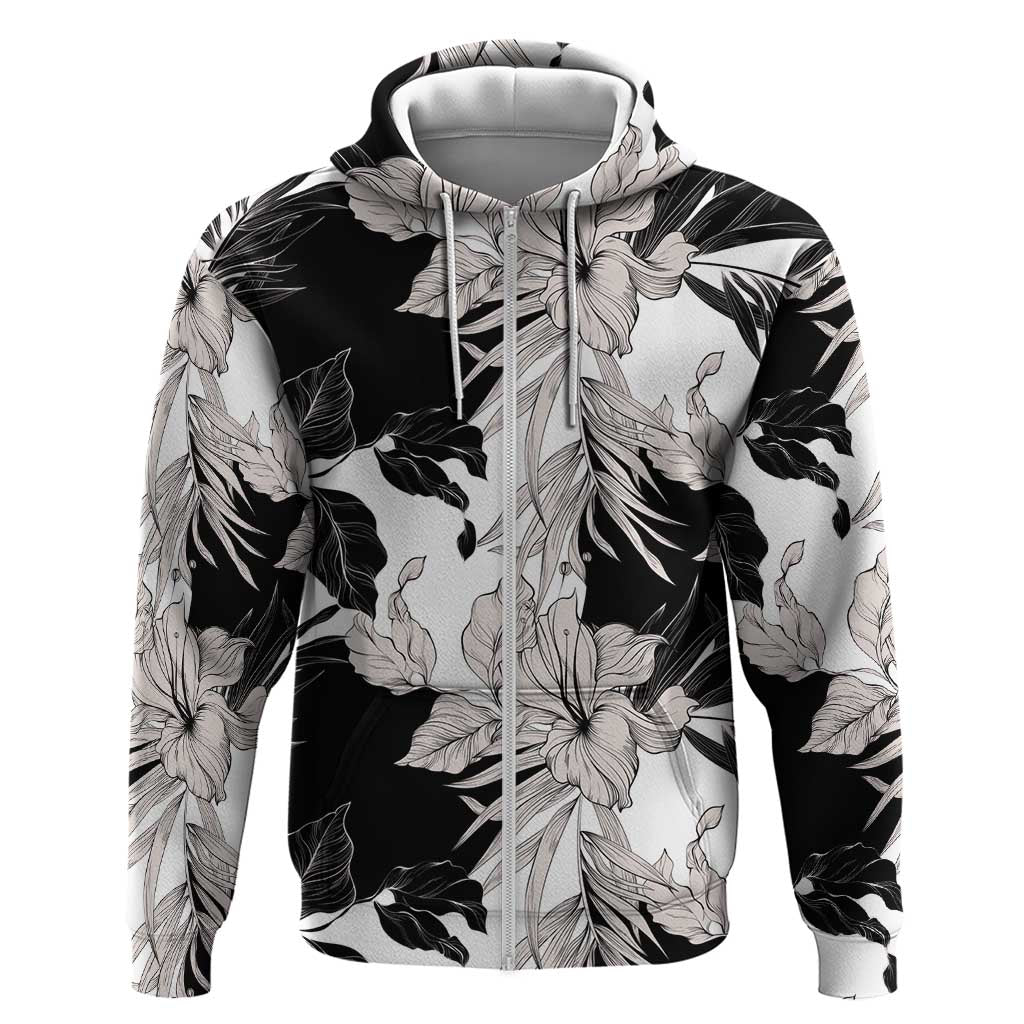 Black White Monotone Tropical Flowers Pattern Zip Hoodie LT01 Zip Hoodie Black - Polynesian Pride
