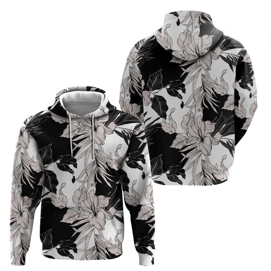 Black White Monotone Tropical Flowers Pattern Zip Hoodie LT01 - Polynesian Pride