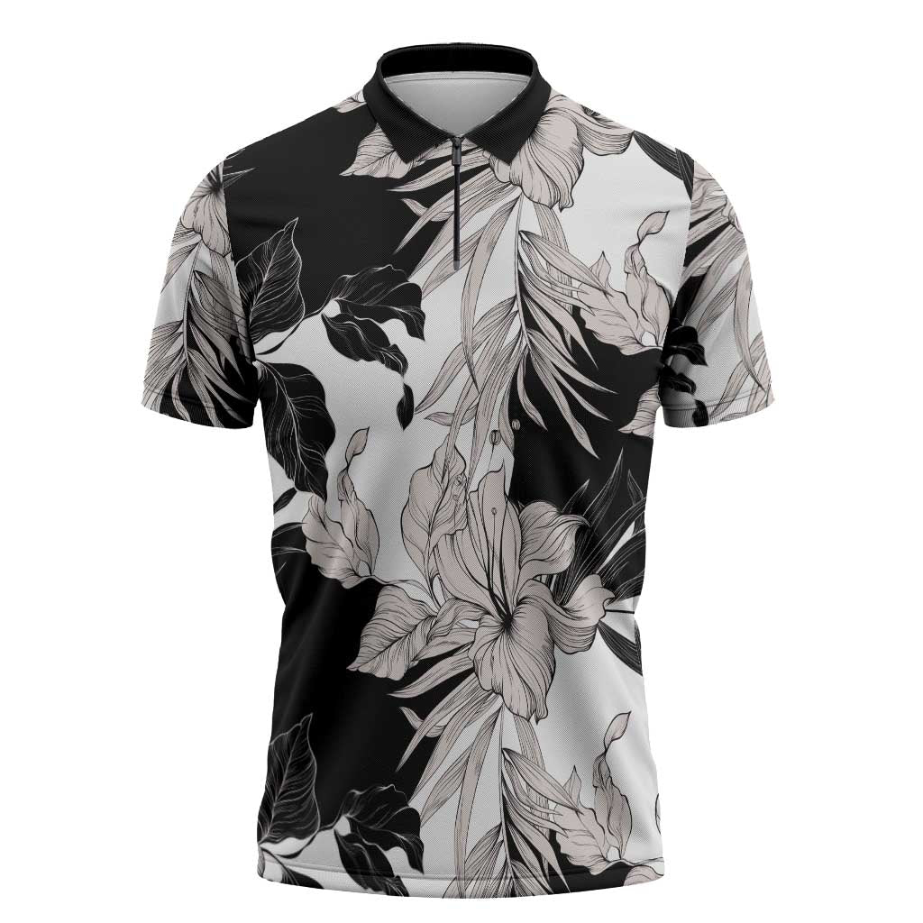 Black White Monotone Tropical Flowers Pattern Zipper Polo Shirt - Polynesian Pride
