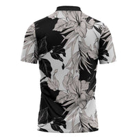Black White Monotone Tropical Flowers Pattern Zipper Polo Shirt - Polynesian Pride