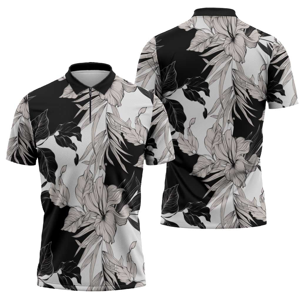 Black White Monotone Tropical Flowers Pattern Zipper Polo Shirt - Polynesian Pride