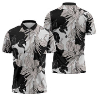 Black White Monotone Tropical Flowers Pattern Zipper Polo Shirt - Polynesian Pride