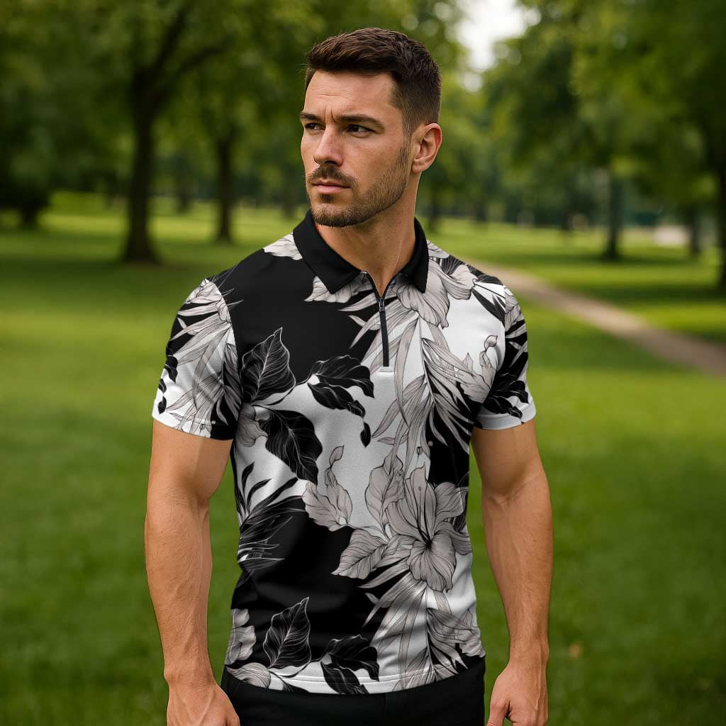 Black White Monotone Tropical Flowers Pattern Zipper Polo Shirt - Polynesian Pride