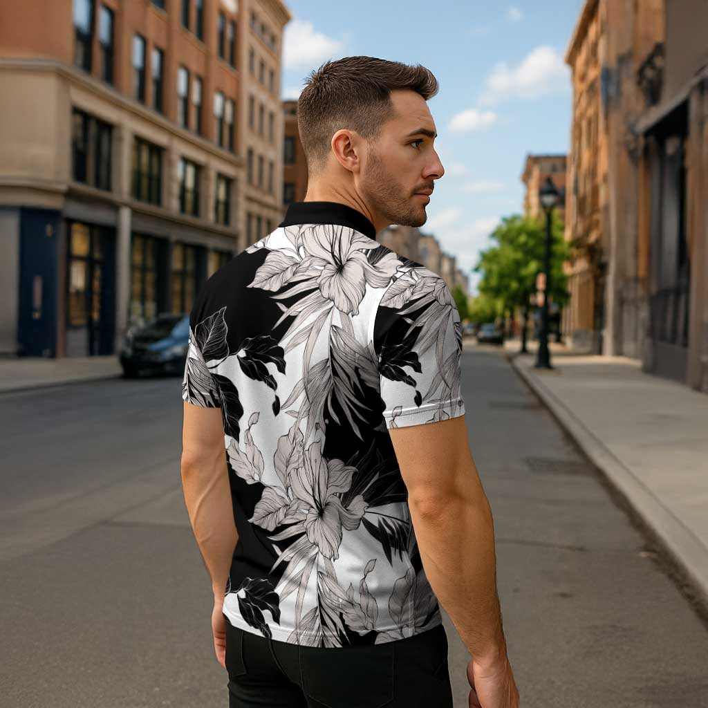 Black White Monotone Tropical Flowers Pattern Zipper Polo Shirt - Polynesian Pride