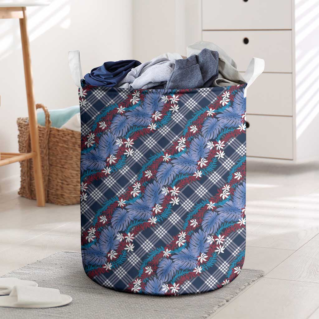 Polynesian Monstera Tiare Floral Laundry Basket Royal Blue Tropical Plaid - Polynesian Pride