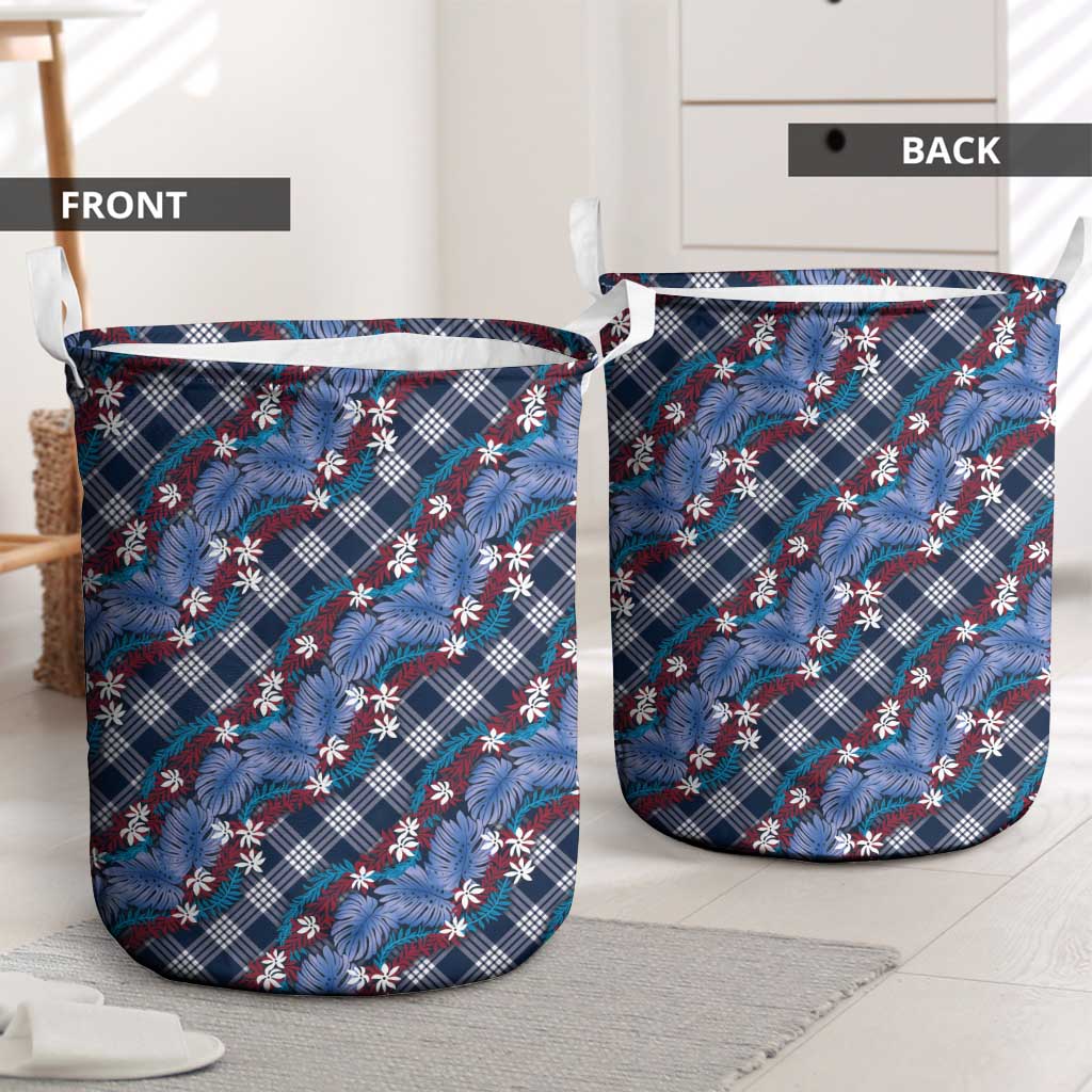 Polynesian Monstera Tiare Floral Laundry Basket Royal Blue Tropical Plaid - Polynesian Pride