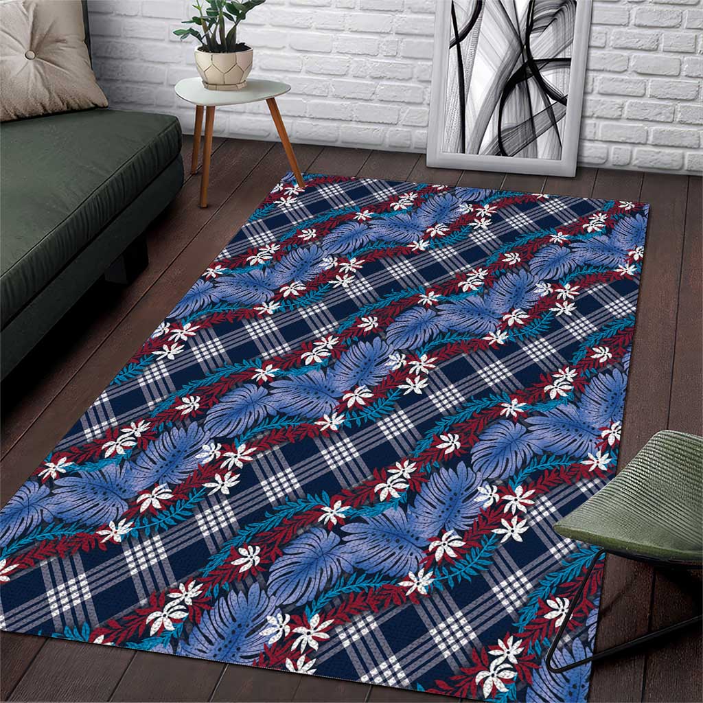 Polynesian Monstera Tiare Floral Area Rug Royal Blue Tropical Plaid - Polynesian Pride