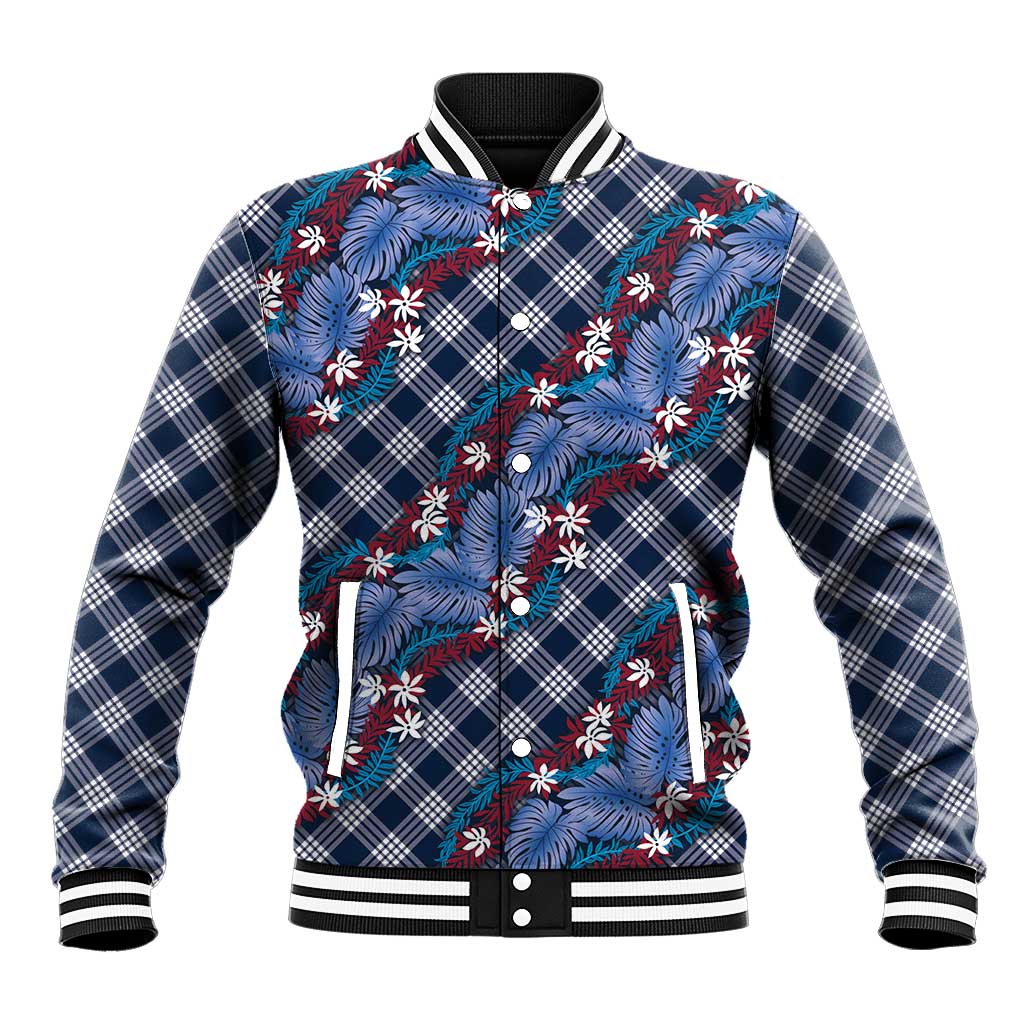 Polynesian Monstera Tiare Floral Baseball Jacket Royal Blue Tropical Plaid - Polynesian Pride