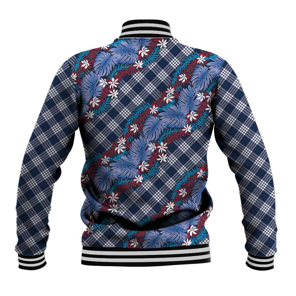 Polynesian Monstera Tiare Floral Baseball Jacket Royal Blue Tropical Plaid - Polynesian Pride