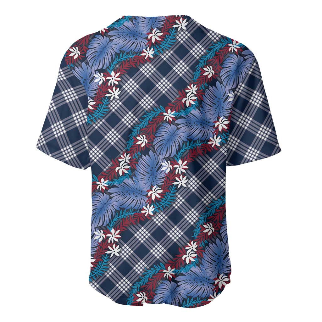Polynesian Monstera Tiare Floral Baseball Jersey Royal Blue Tropical Plaid - Polynesian Pride