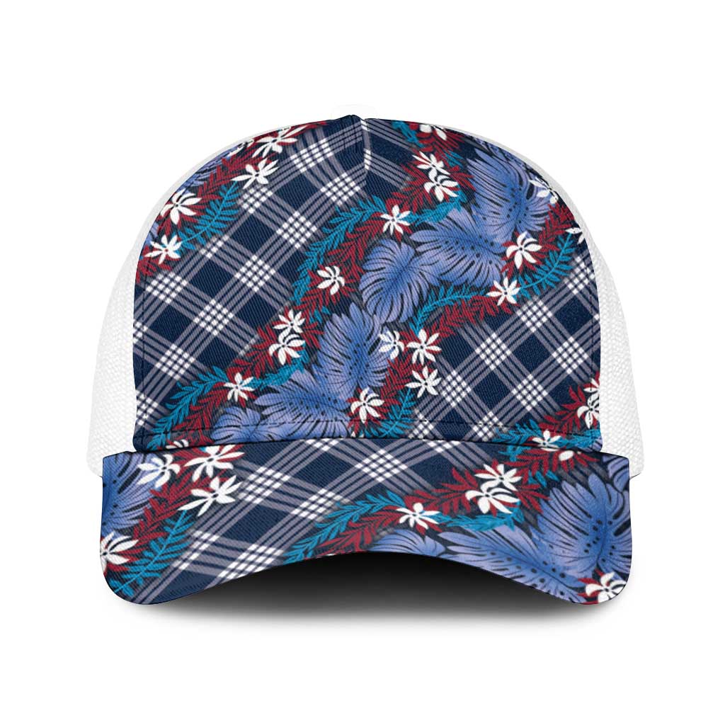 Polynesian Monstera Tiare Floral Baseball Net Cap Royal Blue Tropical Plaid - Polynesian Pride