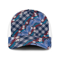 Polynesian Monstera Tiare Floral Baseball Net Cap Royal Blue Tropical Plaid - Polynesian Pride