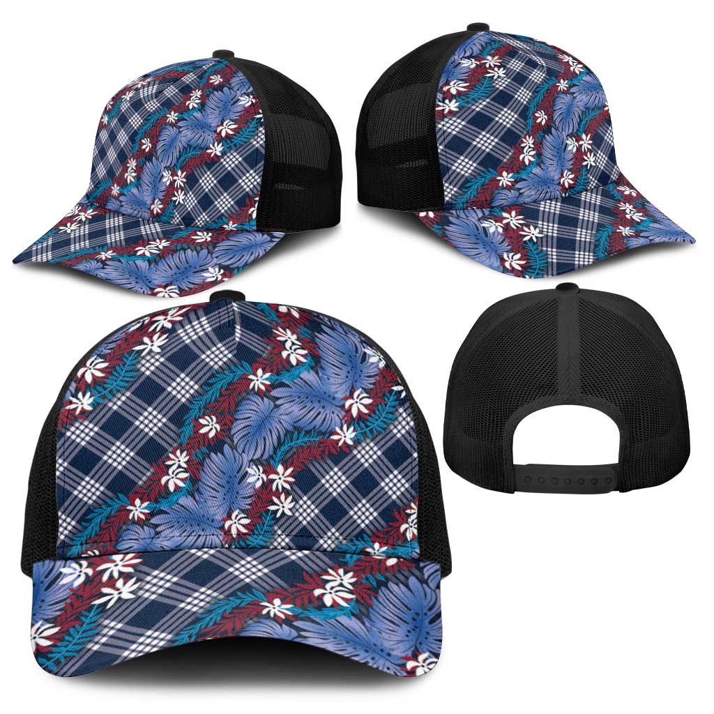 Polynesian Monstera Tiare Floral Baseball Net Cap Royal Blue Tropical Plaid - Polynesian Pride
