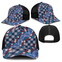 Polynesian Monstera Tiare Floral Baseball Net Cap Royal Blue Tropical Plaid - Polynesian Pride
