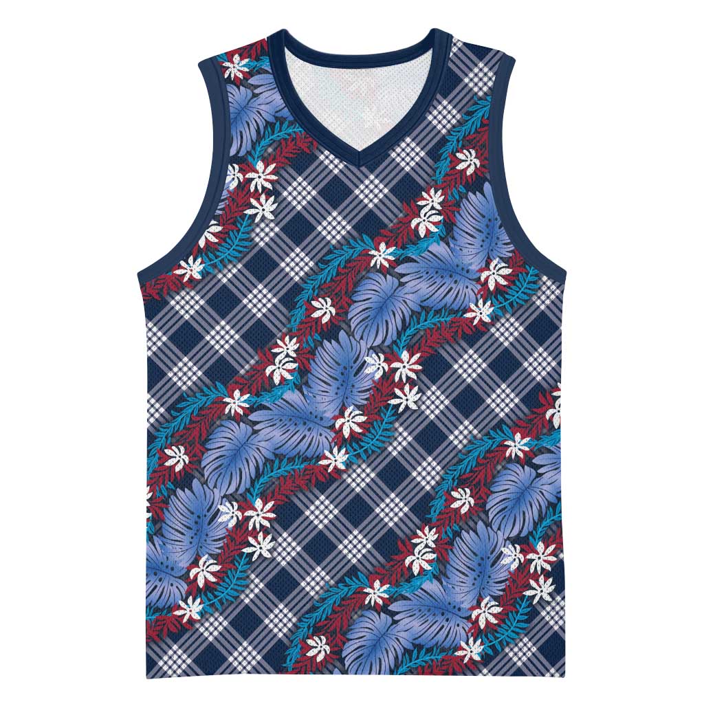 Polynesian Monstera Tiare Floral Basketball Jersey Royal Blue Tropical Plaid - Polynesian Pride