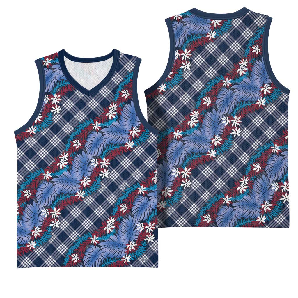 Polynesian Monstera Tiare Floral Basketball Jersey Royal Blue Tropical Plaid - Polynesian Pride