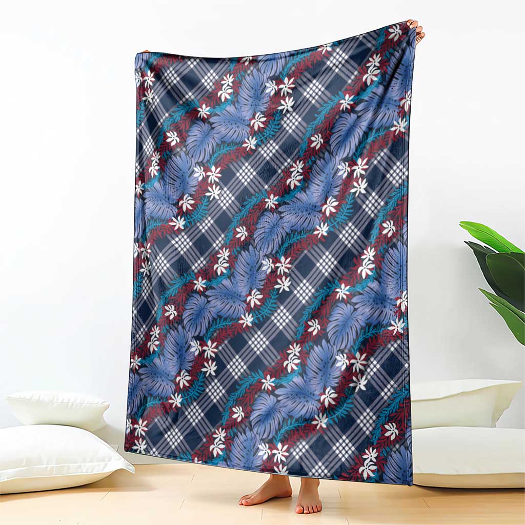 Polynesian Monstera Tiare Floral Blanket Royal Blue Tropical Plaid - Polynesian Pride