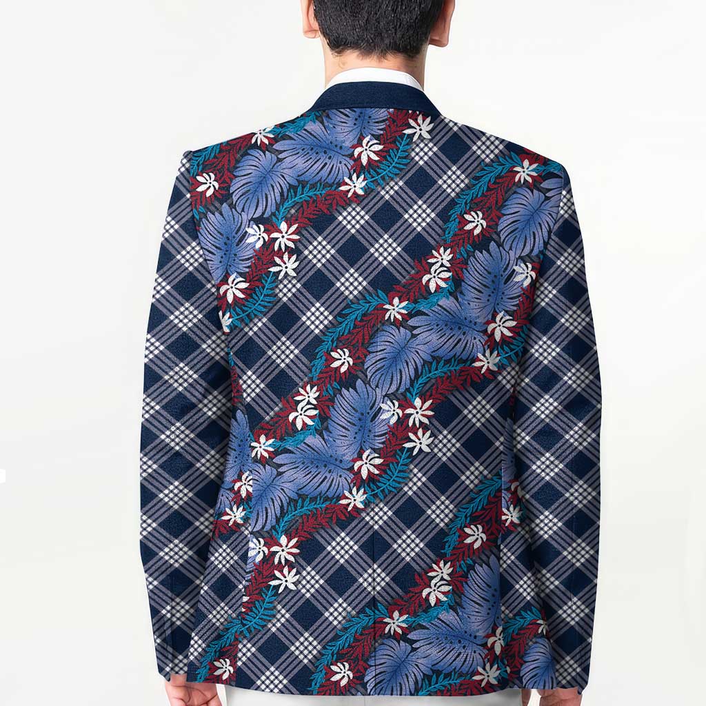 Polynesian Monstera Tiare Floral Blazer Royal Blue Tropical Plaid - Polynesian Pride