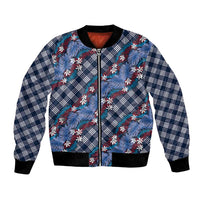 Polynesian Monstera Tiare Floral Bomber Jacket Royal Blue Tropical Plaid - Polynesian Pride