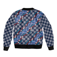 Polynesian Monstera Tiare Floral Bomber Jacket Royal Blue Tropical Plaid - Polynesian Pride