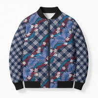 Polynesian Monstera Tiare Floral Bomber Puffer Jacket Royal Blue Tropical Plaid - Polynesian Pride
