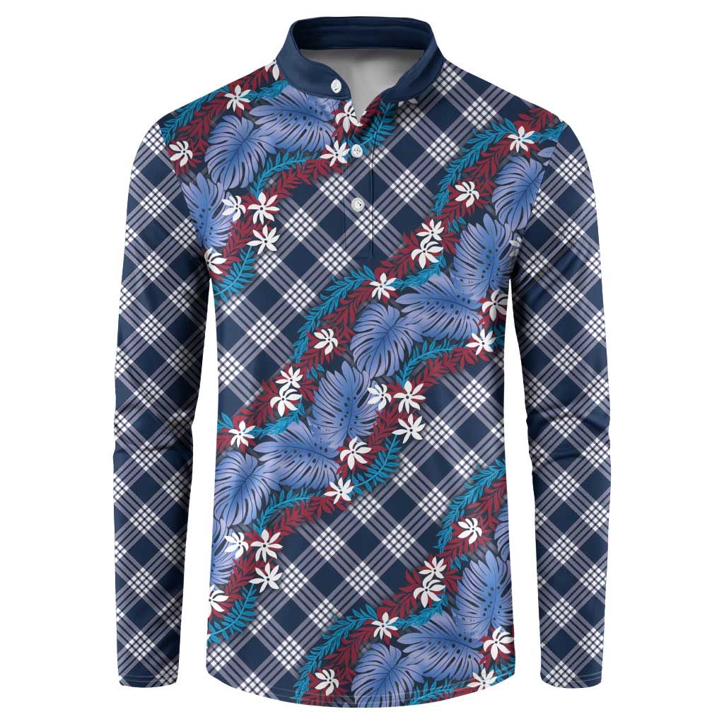 Polynesian Monstera Tiare Floral Button Sweatshirt Royal Blue Tropical Plaid - Polynesian Pride