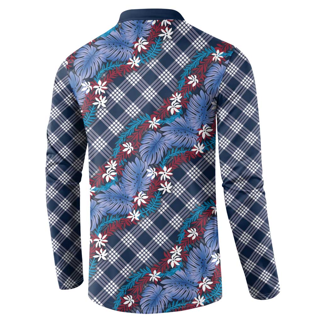 Polynesian Monstera Tiare Floral Button Sweatshirt Royal Blue Tropical Plaid - Polynesian Pride