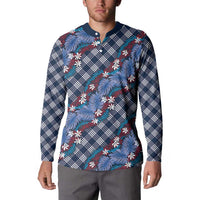 Polynesian Monstera Tiare Floral Button Sweatshirt Royal Blue Tropical Plaid - Polynesian Pride
