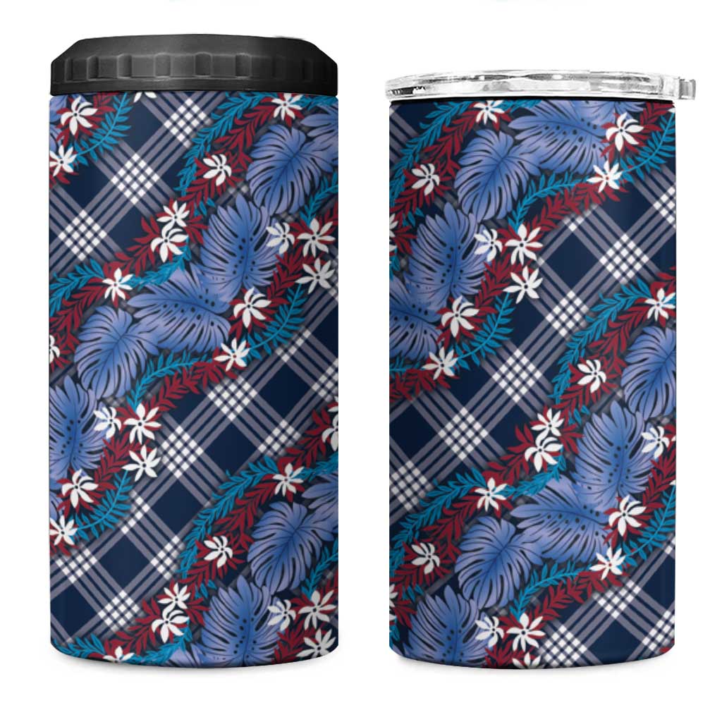 Polynesian Monstera Tiare Floral 4 in 1 Can Cooler Tumbler Royal Blue Tropical Plaid - Polynesian Pride