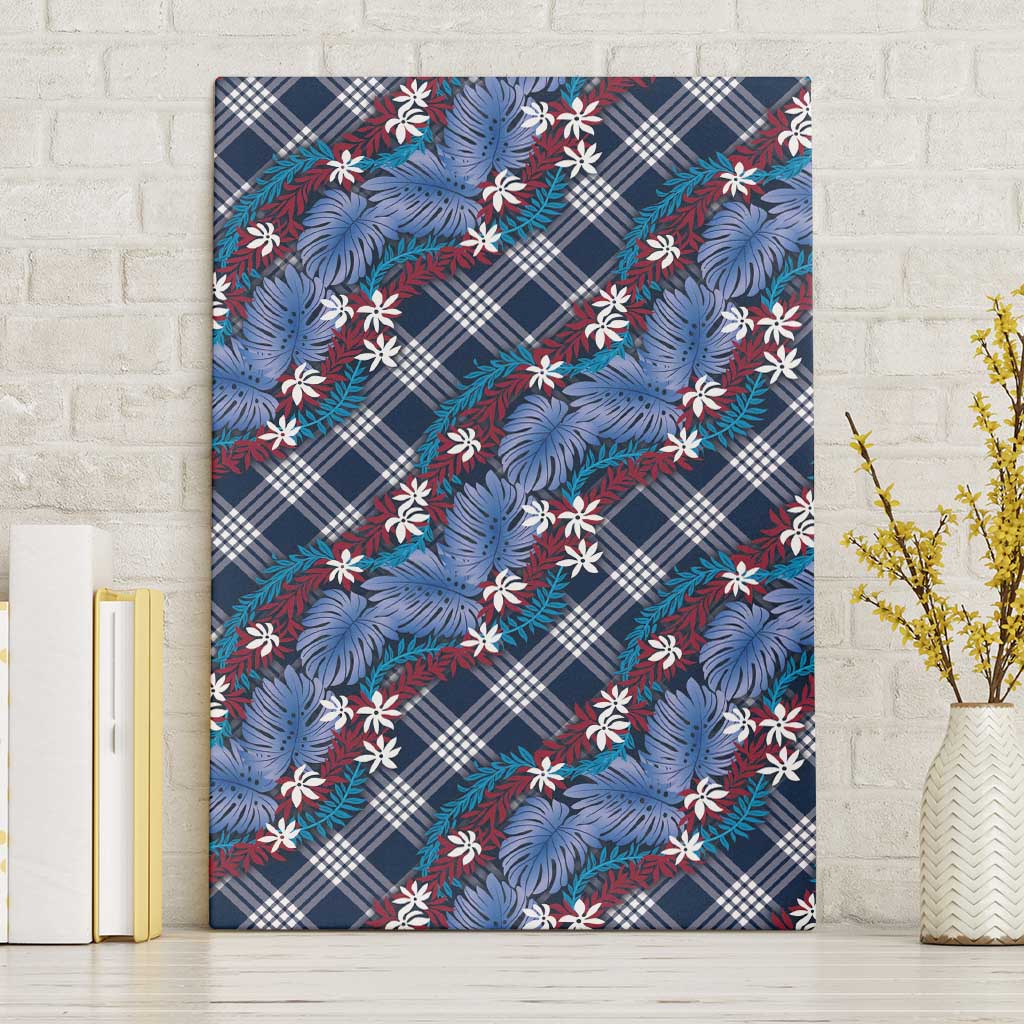 Polynesian Monstera Tiare Floral Canvas Wall Art Royal Blue Tropical Plaid - Polynesian Pride