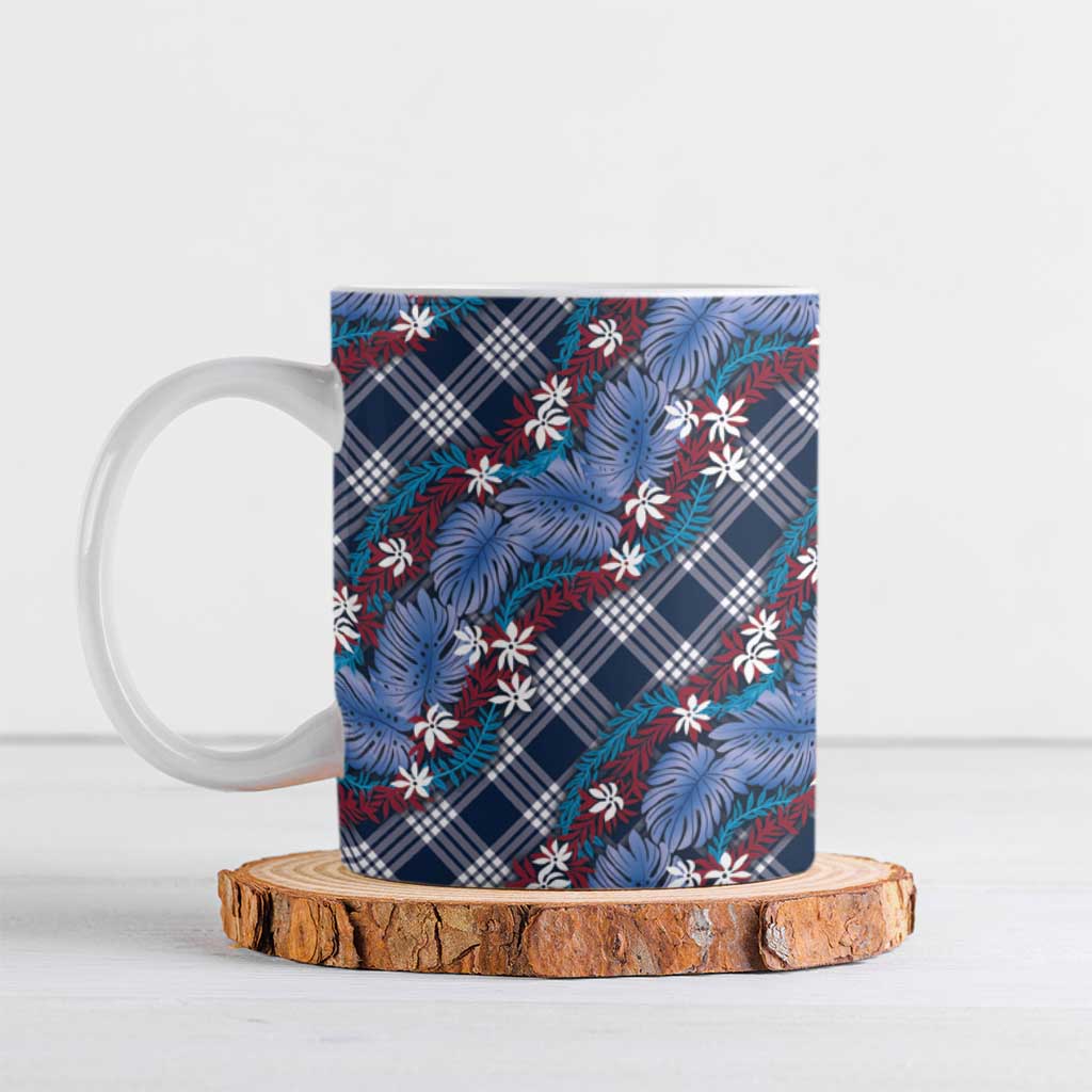 Polynesian Monstera Tiare Floral Ceramic Mug Royal Blue Tropical Plaid - Polynesian Pride