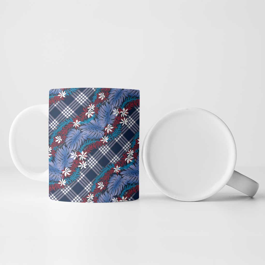 Polynesian Monstera Tiare Floral Ceramic Mug Royal Blue Tropical Plaid - Polynesian Pride