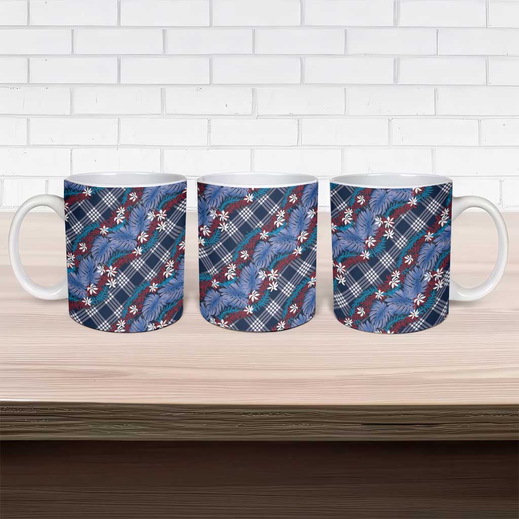 Polynesian Monstera Tiare Floral Ceramic Mug Royal Blue Tropical Plaid - Polynesian Pride
