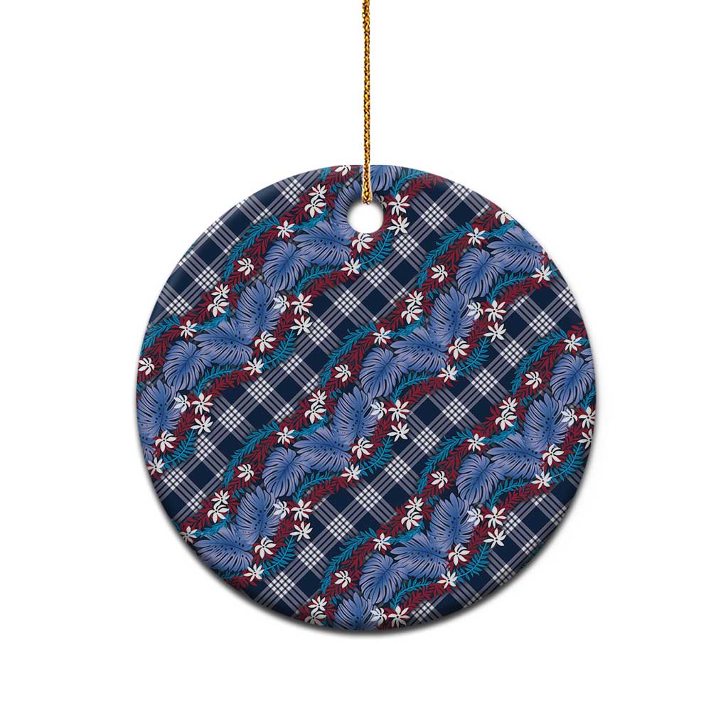 Polynesian Monstera Tiare Floral Ceramic Ornament Royal Blue Tropical Plaid - Polynesian Pride