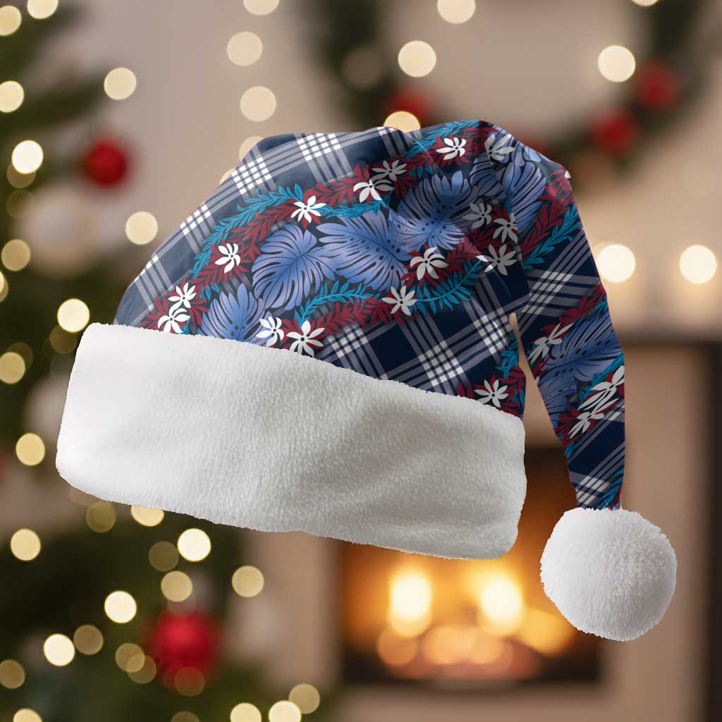Polynesian Monstera Tiare Floral Christmas Santa Hat Royal Blue Tropical Plaid - Polynesian Pride