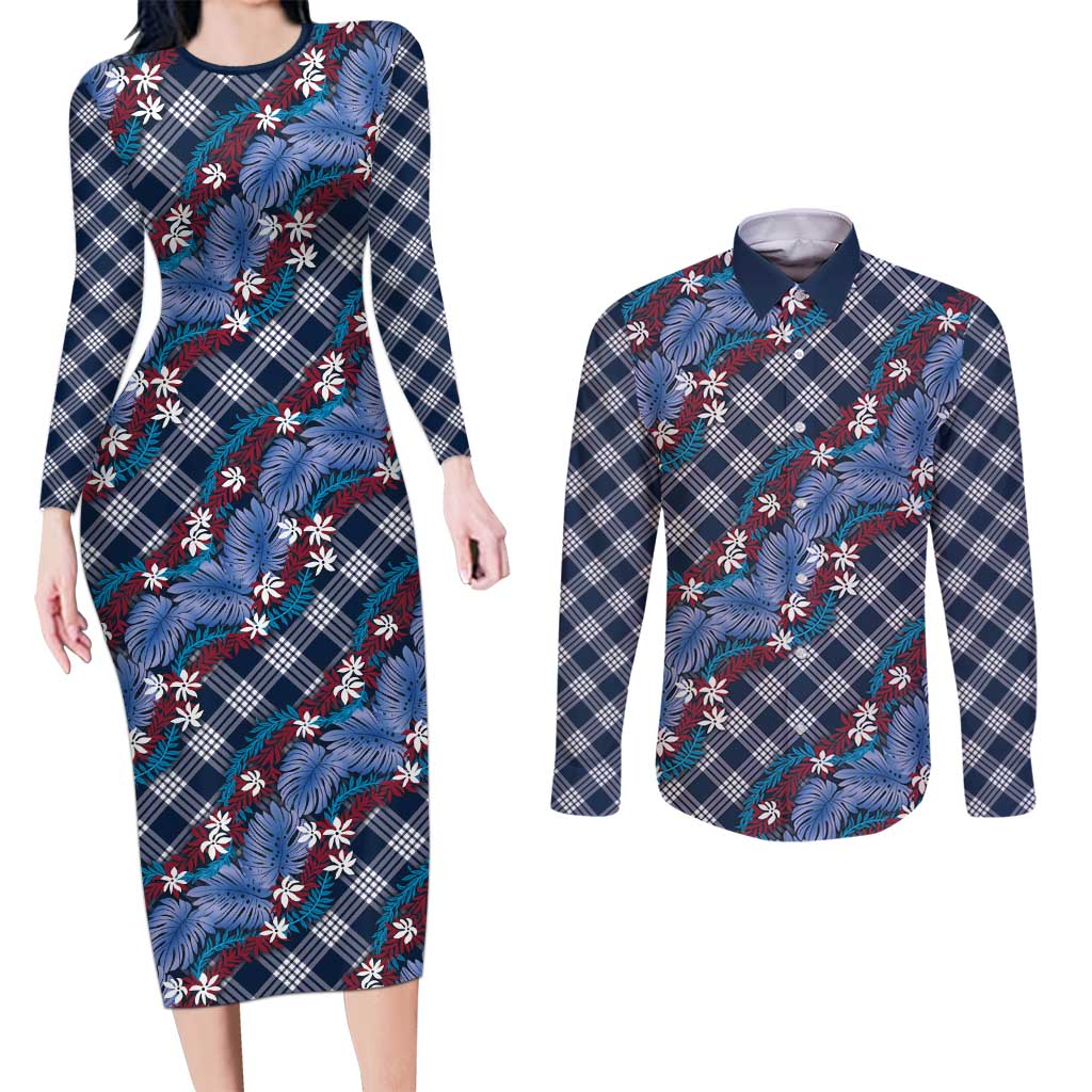 Polynesian Monstera Tiare Floral Couples Matching Long Sleeve Bodycon Dress and Long Sleeve Button Shirt Royal Blue Tropical Plaid - Polynesian Pride
