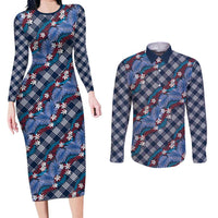 Polynesian Monstera Tiare Floral Couples Matching Long Sleeve Bodycon Dress and Long Sleeve Button Shirt Royal Blue Tropical Plaid - Polynesian Pride