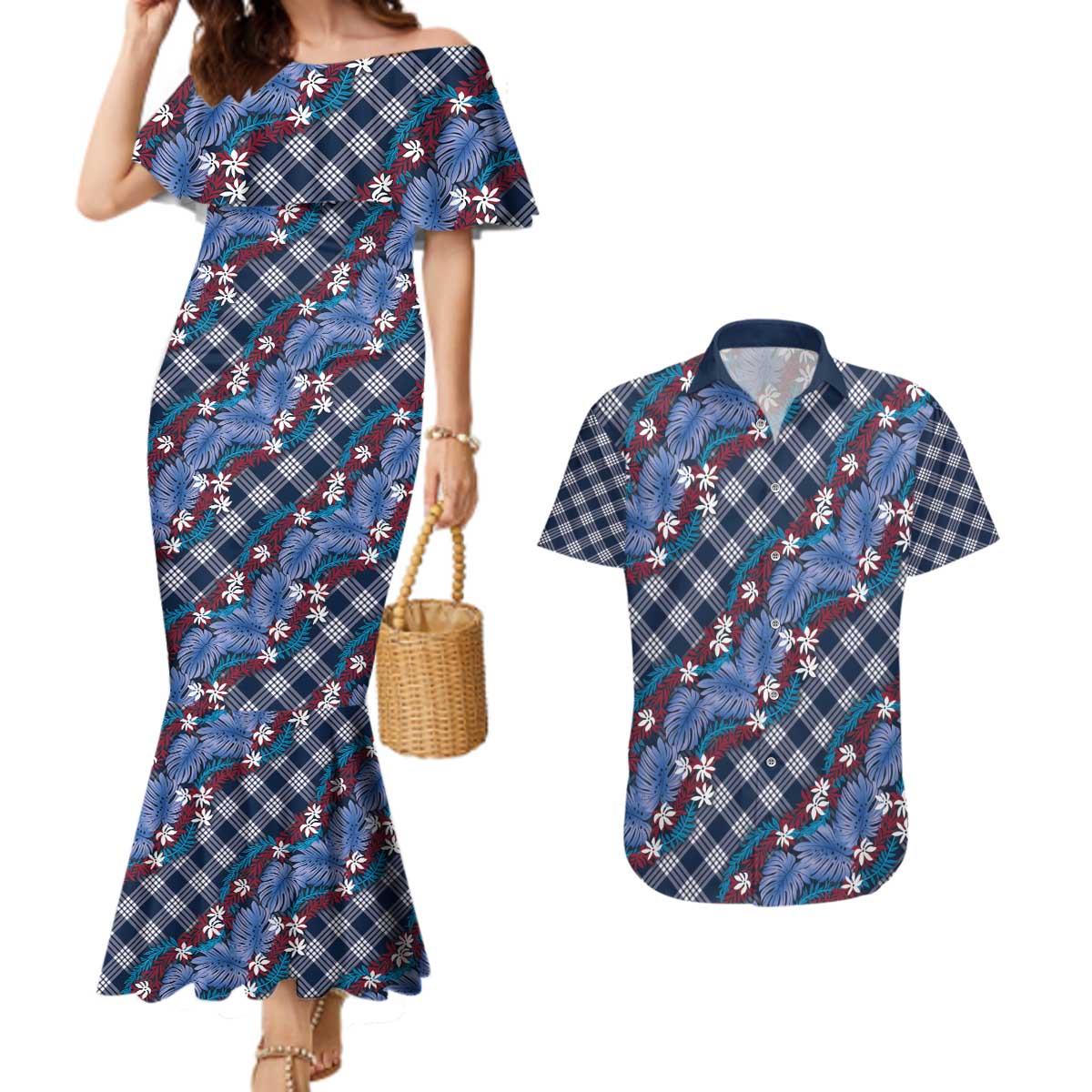 Polynesian Monstera Tiare Floral Couples Matching Mermaid Dress and Hawaiian Shirt Royal Blue Tropical Plaid - Polynesian Pride