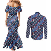 Polynesian Monstera Tiare Floral Couples Matching Mermaid Dress and Long Sleeve Button Shirt Royal Blue Tropical Plaid - Polynesian Pride
