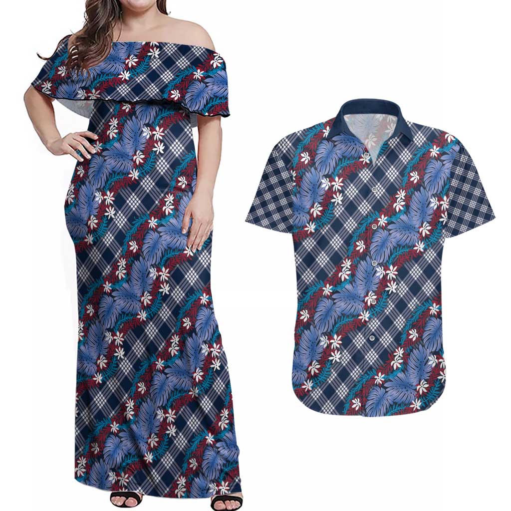 Polynesian Monstera Tiare Floral Couples Matching Off Shoulder Maxi Dress and Hawaiian Shirt Royal Blue Tropical Plaid - Polynesian Pride