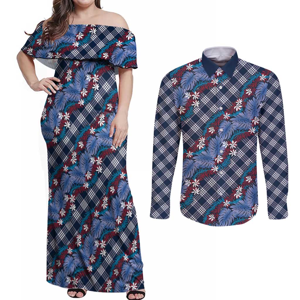 Polynesian Monstera Tiare Floral Couples Matching Off Shoulder Maxi Dress and Long Sleeve Button Shirt Royal Blue Tropical Plaid - Polynesian Pride